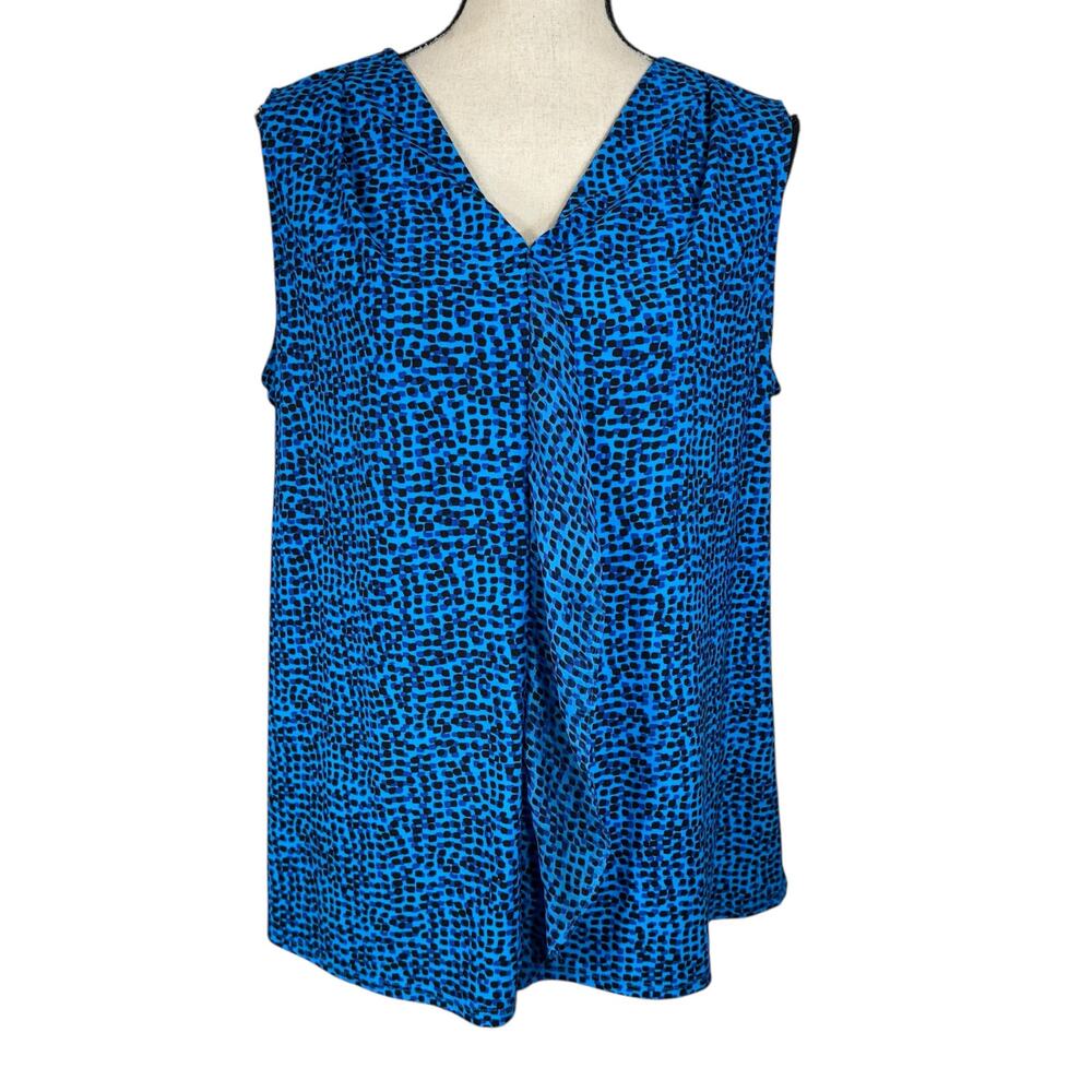 Roz & Ali 1X-Large Top V-Neck Abstract Sleeveless Stretch Ruffled Side Slit Blue